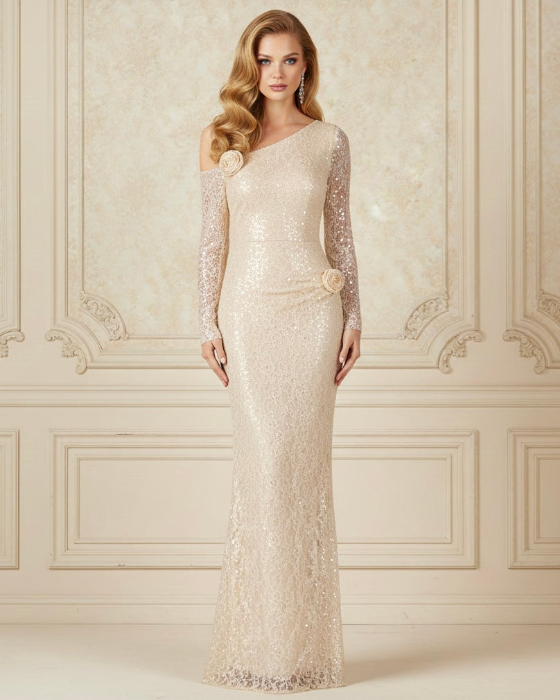 Lyndan Sequin Long Sleeve Off Shoulder 3D Flower Appliqué Maxi Dress