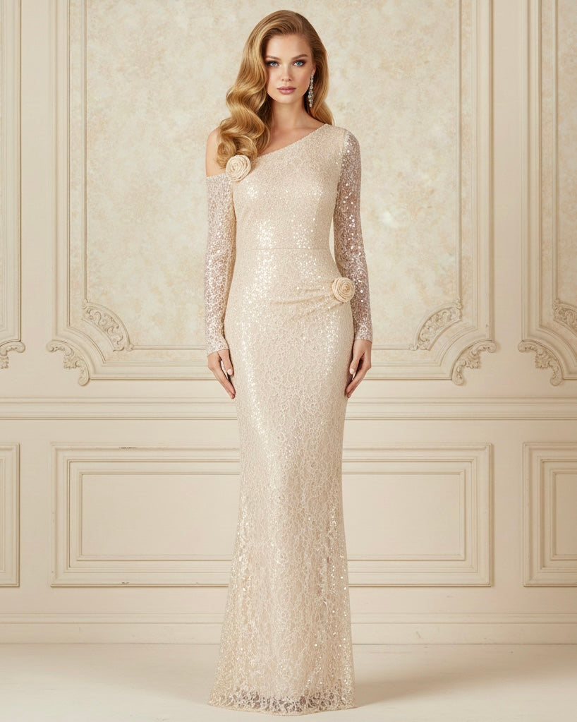 Lyndan Sequin Long Sleeve Off Shoulder 3D Flower Appliqué Maxi Dress