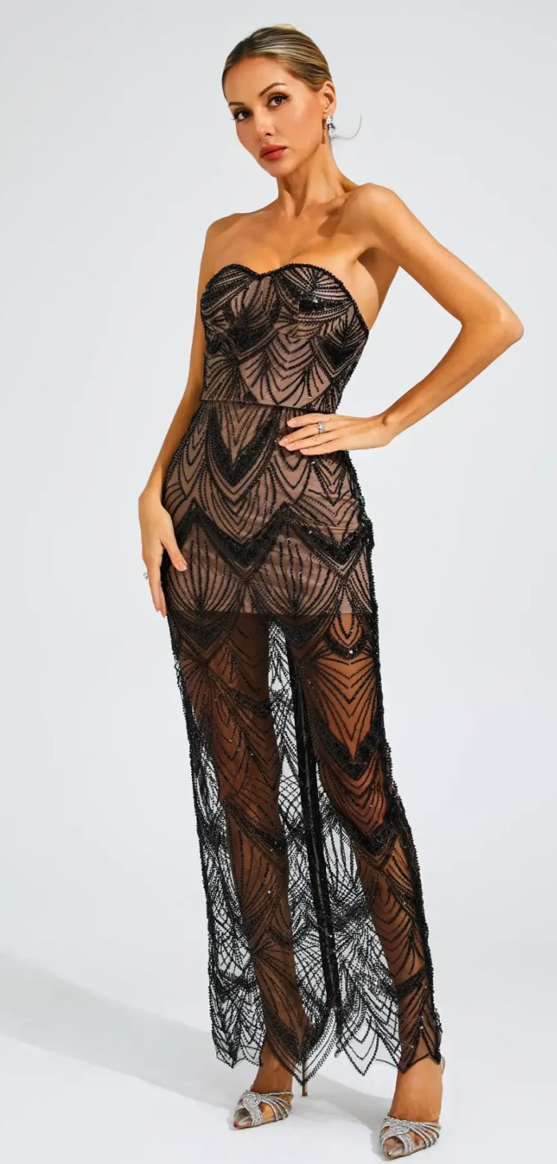 Jana Strapless Black Sequin Lace Maxi Dress with Nude Mini Dress Underlay