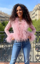 Cassie Sheer Long Sleeve Cardigan with Feather Collar and Sleeve Trim