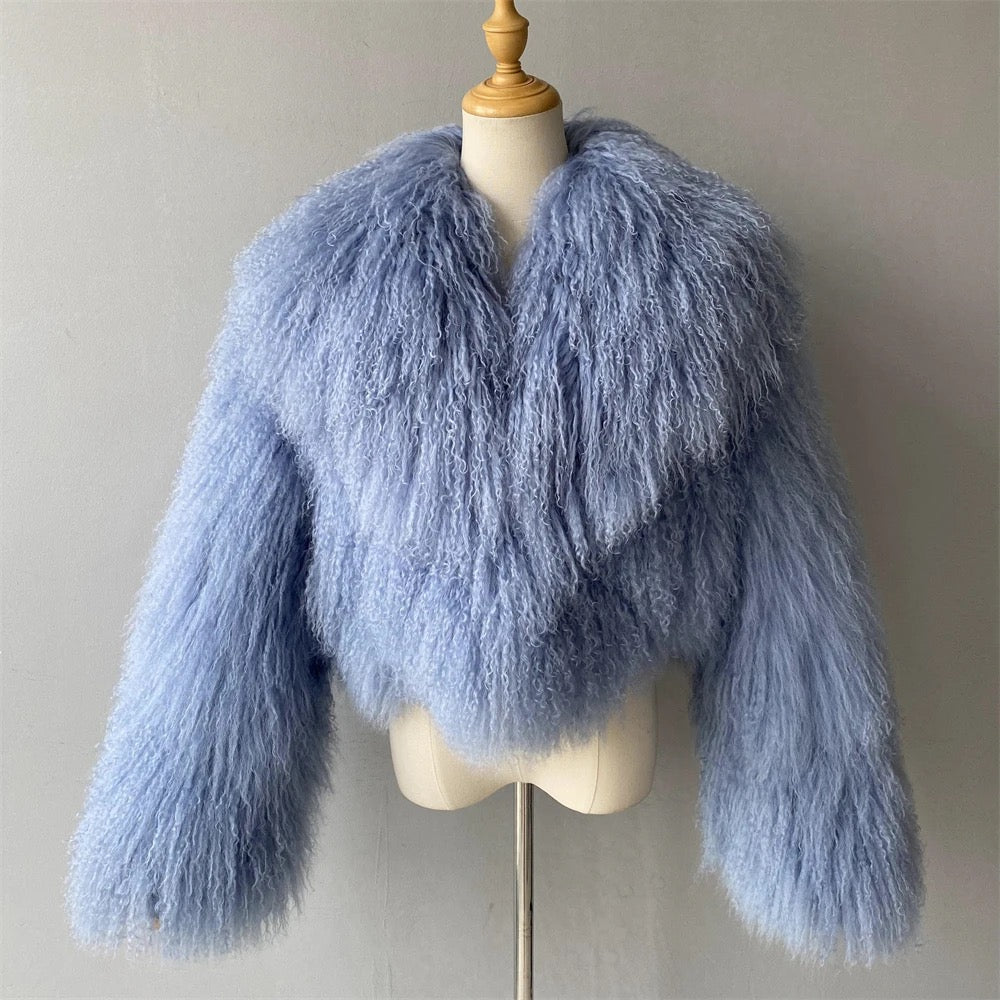 Shaya Mongolian Fur Fluffy Collar Waist Length Coat