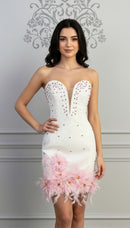 Tawni White Strapless Sweetheart Neck Mini Dress with Pink Crystals and Feather Embellishments