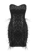 Marishka Black Strapless Sequin Bead and Feather Embellished Mini Dress