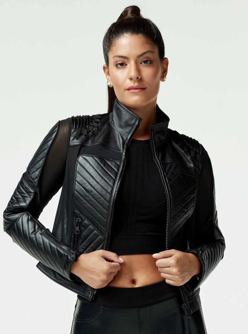 Leanza Acceleration Moto Mesh Tie Back Leather Jacket