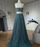 Mila Teal Crystal Bead Embellished Corset Crop Top and ALine Full Skirt Set Gown