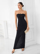 Marsella Black Strapless Crystal Embellished Rose Appliqué Maxi Dress