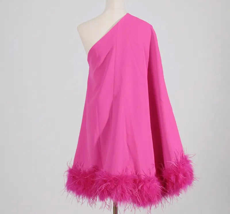 Kennedy One Shoulder Cape Dress with Ostrich Feather Trim