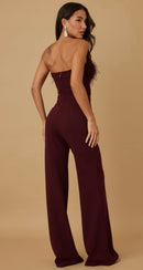 Everlynn Burgundy Strapless Feather Trim Wide Leg Jumpsuit