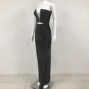 Aviana Black Strapless Rhinestone Trim Deep V and Rhinestone Embellished Maxi Dress