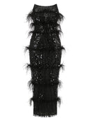 Paloma Black Strapless Sequin Feather Midi Dress
