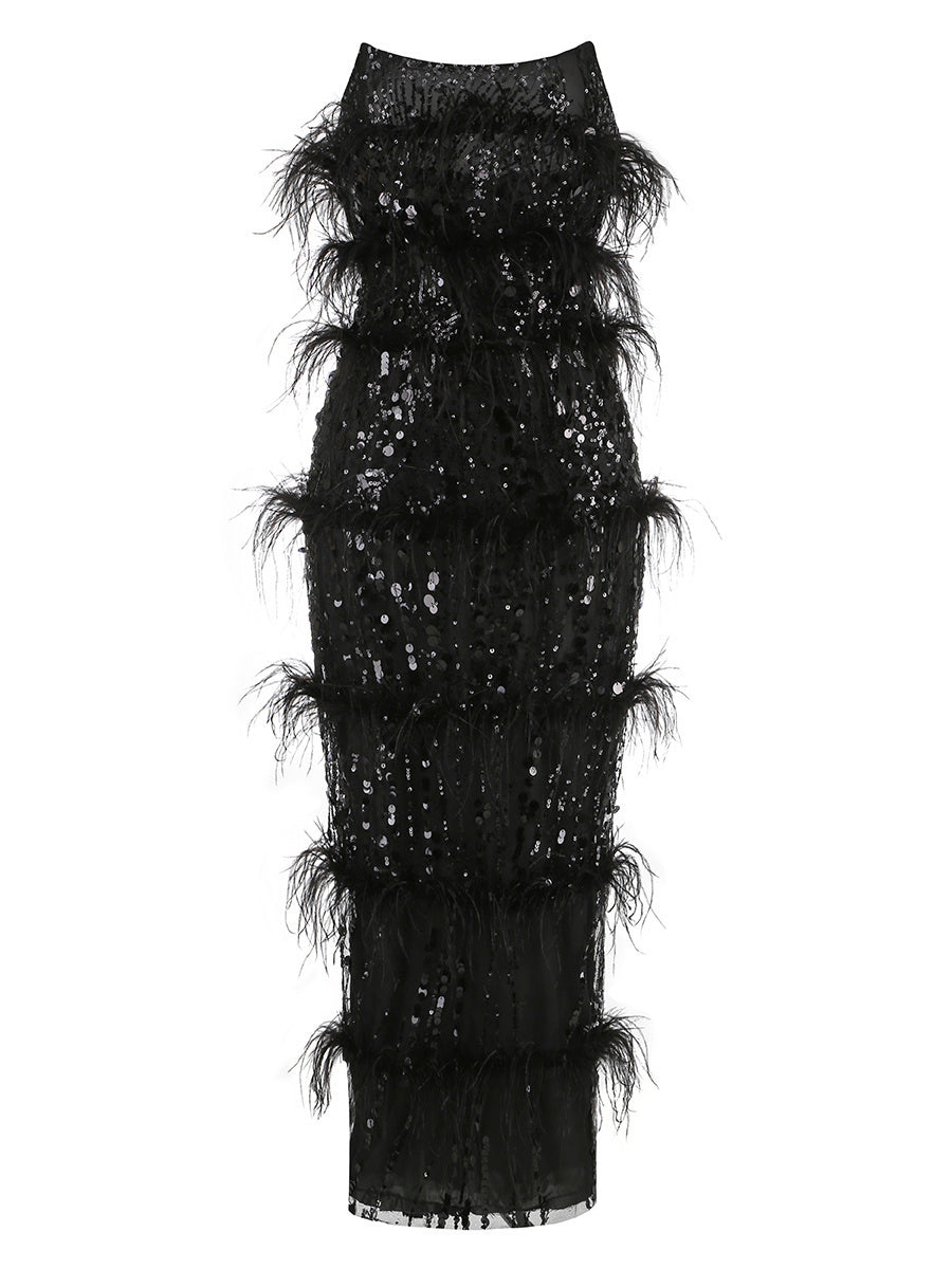 Paloma Black Strapless Sequin Feather Midi Dress