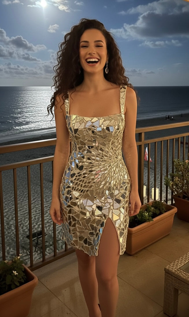 Siya Silver Mirror Sleeveless Mini Dress