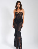 Doria Strapless Sweetheart Neck Lace Ruffle Maxi Dress