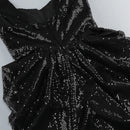 Galia Rose Detail Black Side Cut Out Sequin Draped Front Slit Maxi Dress