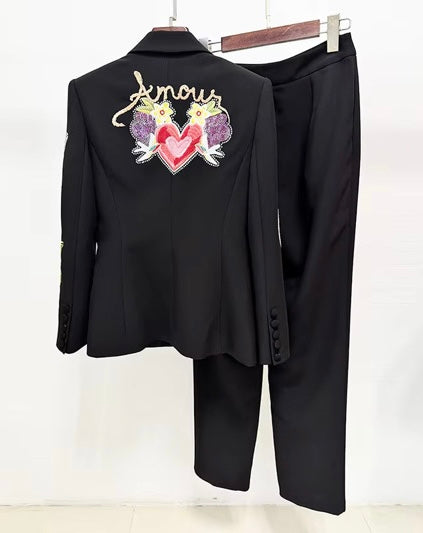 Roma Black Embroidered Graphic Blazer and Pant Suit