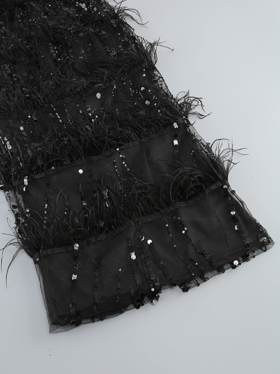 Paloma Black Strapless Sequin Feather Midi Dress