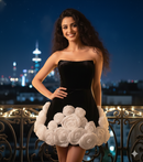 Julane Black Strapless Velvet Corset ALine Mini with White Satin 3D Flower Hem