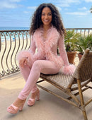 Nora Mesh Feather Bolero Cardigan and Mesh Pants Set