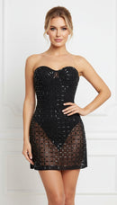 Krishna Black Strapless Jewel  Embellished See Through Mesh Mini Dress with Attached Bodysuit