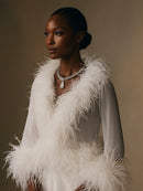 Cassie Sheer Long Sleeve Cardigan with Feather Collar and Sleeve Trim