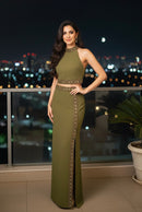 Nadia Olive Halter Mock Neck Crop Gold Bead Trim Maxi Skirt Set