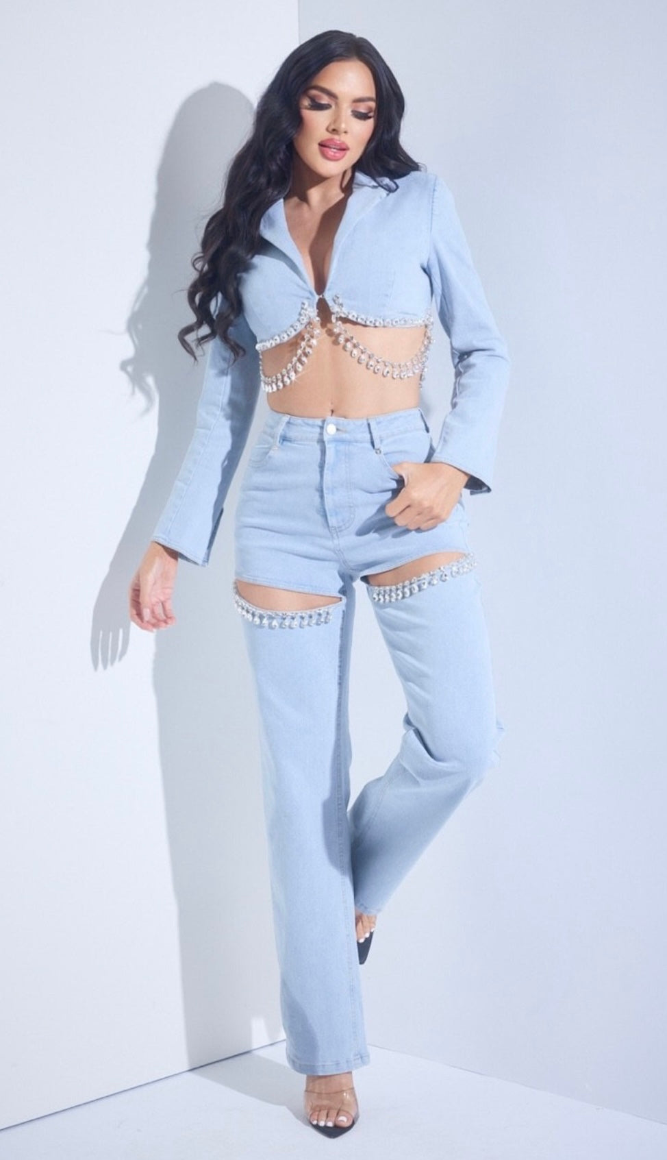 Rhiann Light Blue Denim Crystal Embellished Crop Jacket and Cut Out Pant Set