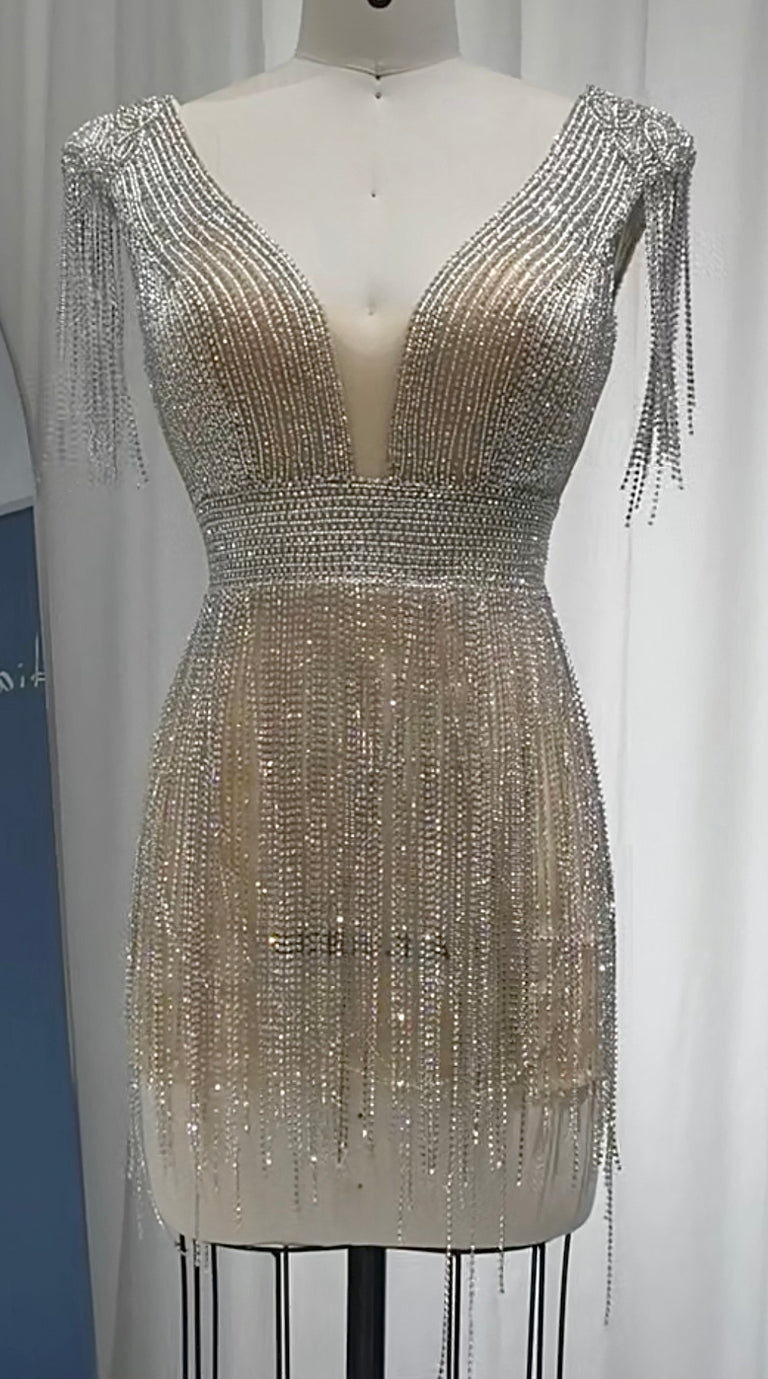 Quinn Rhinestone Beaded Fringe Mini Dress