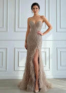 Mira Sleeveless Sweetheart Neckline Bead and Feather Embellished Side Slit Gown