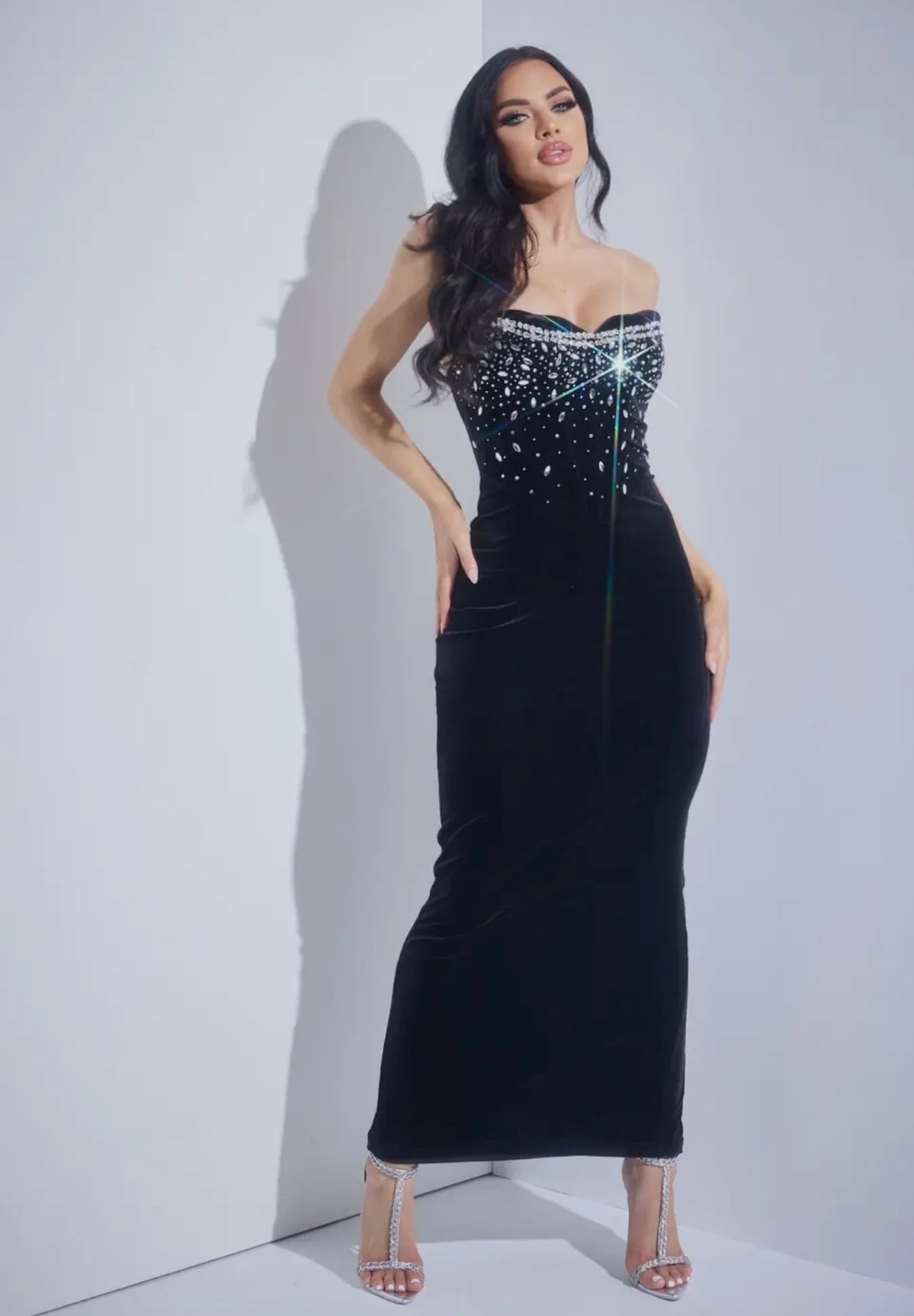 Kristiana Strapless Rhinestone Embellished Bodice Velvet Maxi Dress