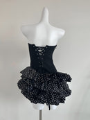Mallory Black Strapless Corset White Polka Dot Ruffled Asymmetrical Mini Dress