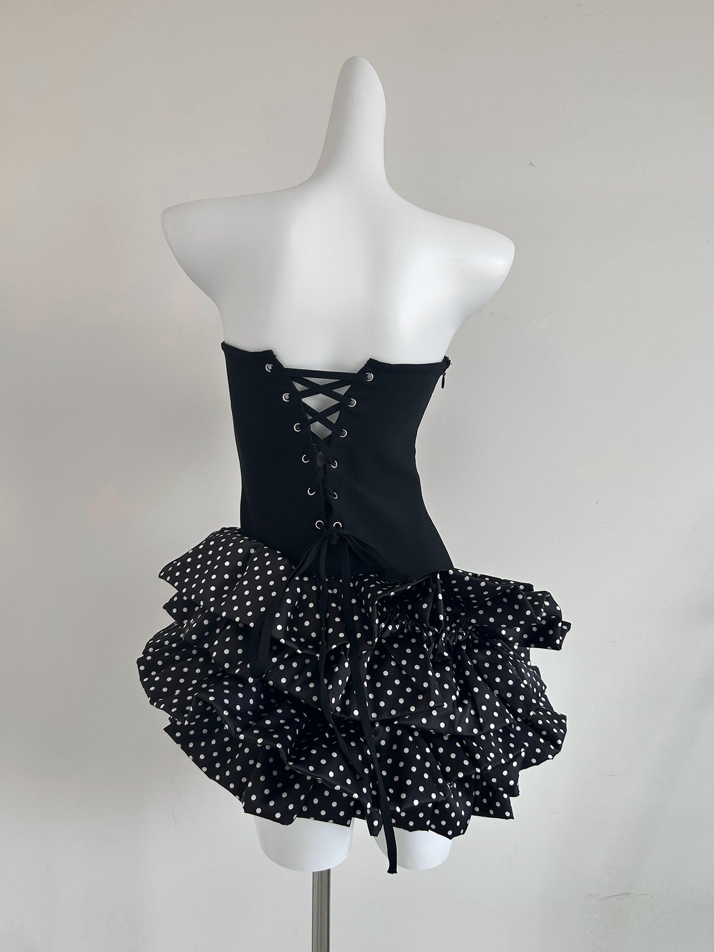 Mallory Black Strapless Corset White Polka Dot Ruffled Asymmetrical Mini Dress