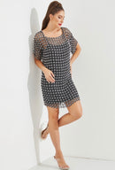 Tana Short Sleeve Pearl Flower Print Crochet Mini Dress with Inner Slip