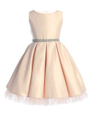 Asai Girls Pleated Satin Peekaboo Tulle Knee Length Dress with Jewel Belt