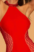 Elena Red Beaded Halter Razor Back Gown