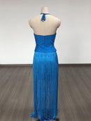 Mariah Blue Strappy Fringe Halter Crop Top and Fringe Maxi Skirt