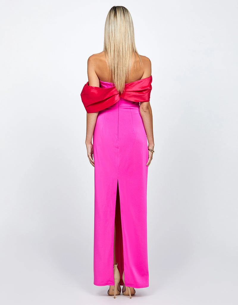 Ella Red Draped Off Shoulder Pink Gown