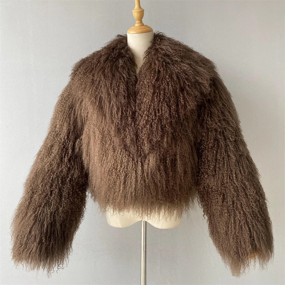 Shaya Mongolian Fur Fluffy Collar Waist Length Coat