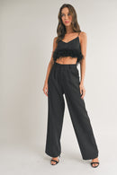 Alina Feather Trim Crop Top and Wide Leg Pants Set