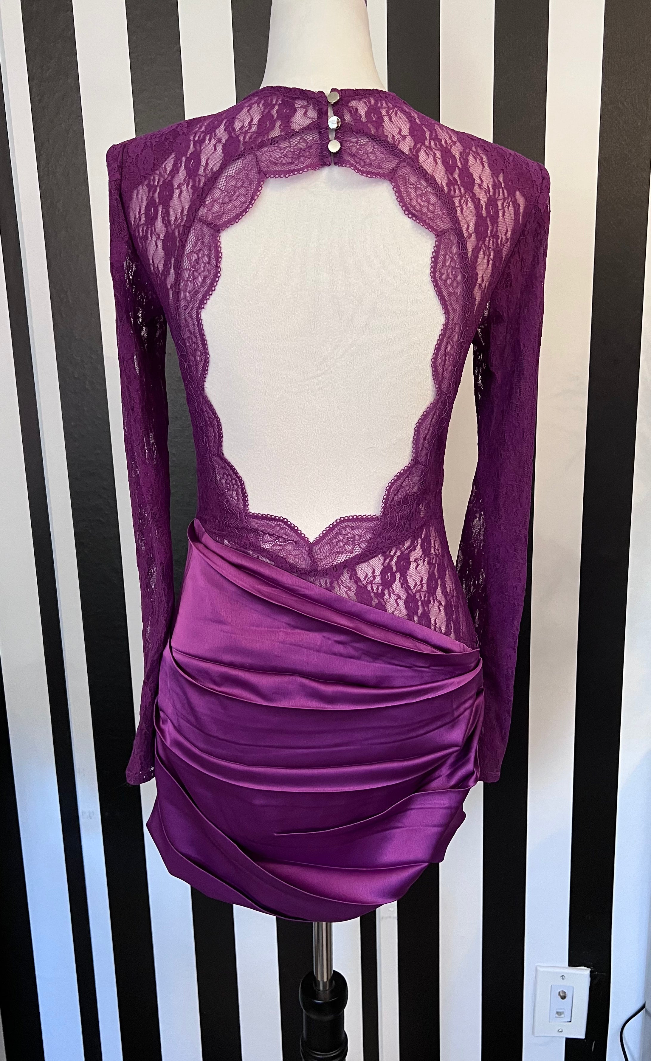 Kai Purple Long Sleeve Lace Open Back Satin Ruched Mini Dress