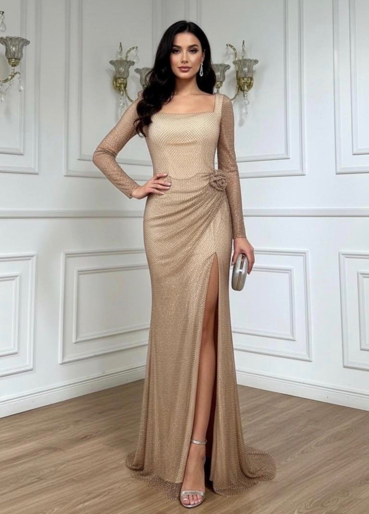 Maia Gold Long Sleeve Diamanté Hip Rose Detail High Slit Gown