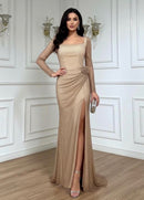 Maia Gold Long Sleeve Diamanté Hip Rose Detail High Slit Gown
