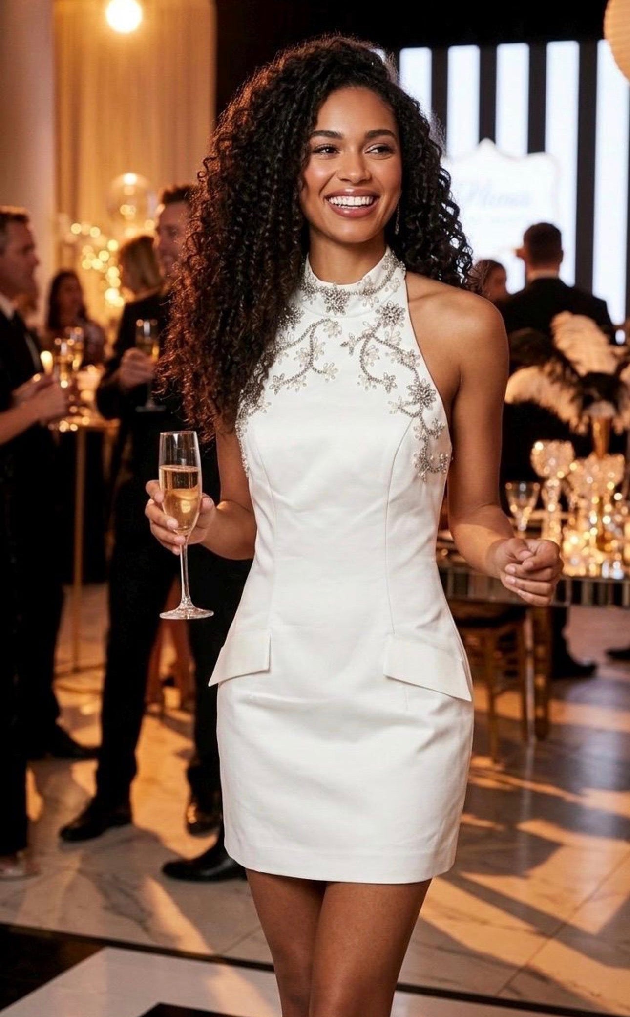 Nessa White Halter Rhinestone Pearl Embellished Open Back Mock Pockets Mini Dress