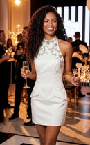 Nessa White Halter Rhinestone Pearl Embellished Open Back Mock Pockets Mini Dress