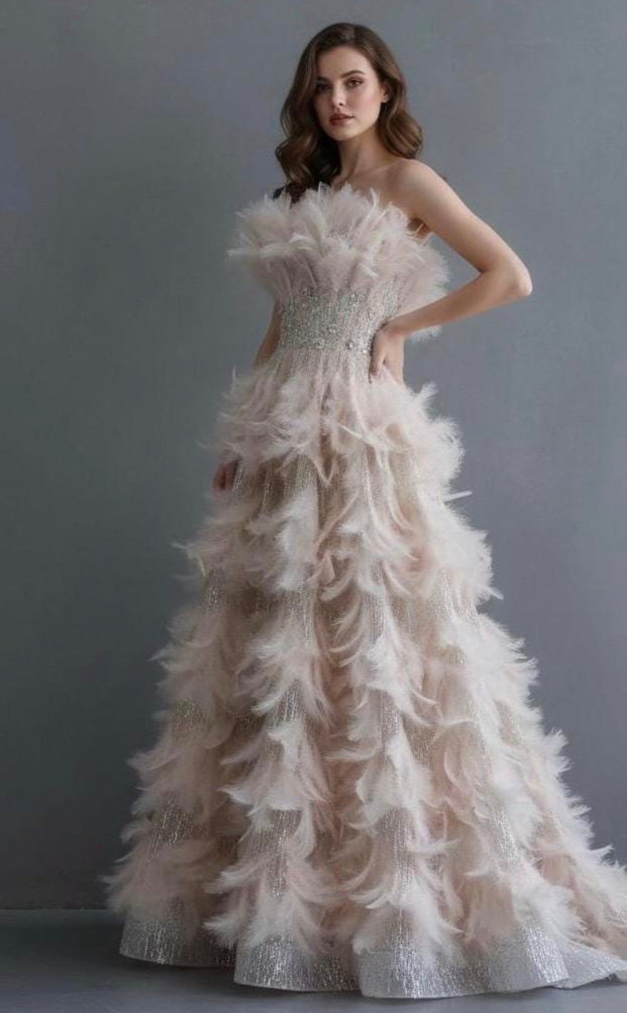 Fia Ivory Pink Strapless Beaded Corset Full Feather Gown