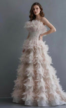 Fia Ivory Pink Strapless Beaded Corset Full Feather Gown