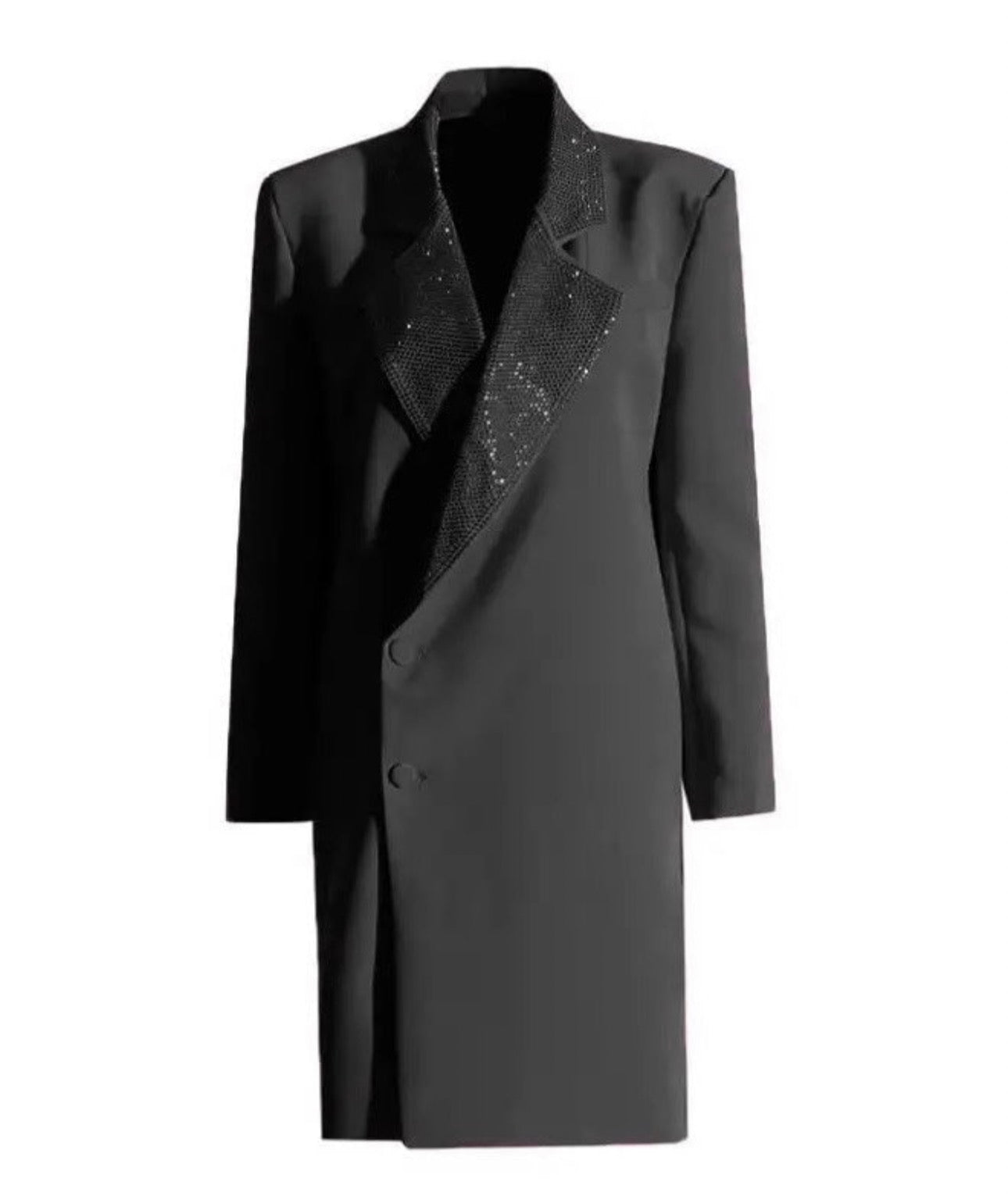Avalon Rhinestone Trimmed Lapels Side Button Blazer Dress