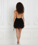 Morgan Plunging Rhinestone Trim Neck Ostrich Feather Mini Dress