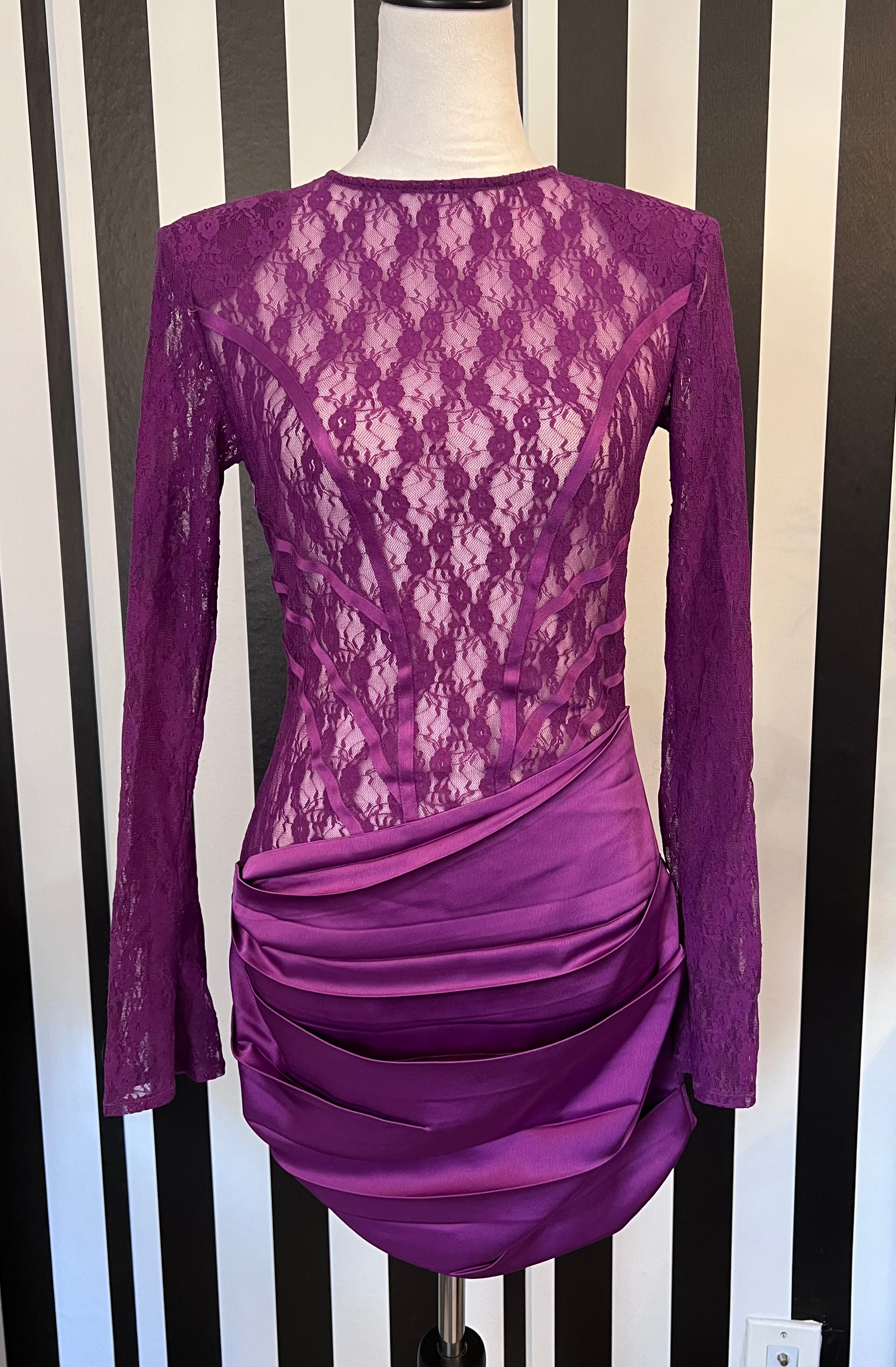 Kai Purple Long Sleeve Lace Open Back Satin Ruched Mini Dress