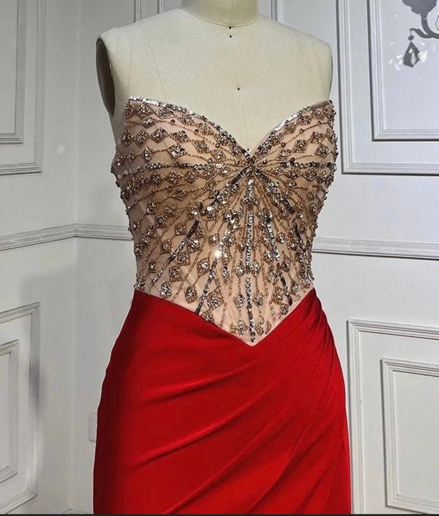 Jalissa Nude Silver and Gold Rhinestone Beaded Corset Bodice Gathered High Slit Red Skirt Gown