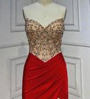 Jalissa Nude Silver and Gold Rhinestone Beaded Corset Bodice Gathered High Slit Red Skirt Gown